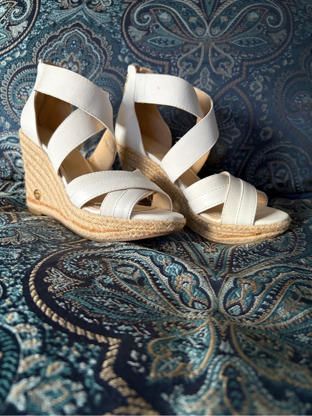 Off-White Espadrille Wedge Sandals with Crisscross Straps